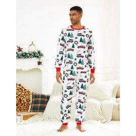 PATPAT Matching Family Christmas Pyjamas, Complete Set, Christmas Tree and Car Print, Long Sleeve Top and Bottoms, multicoloured