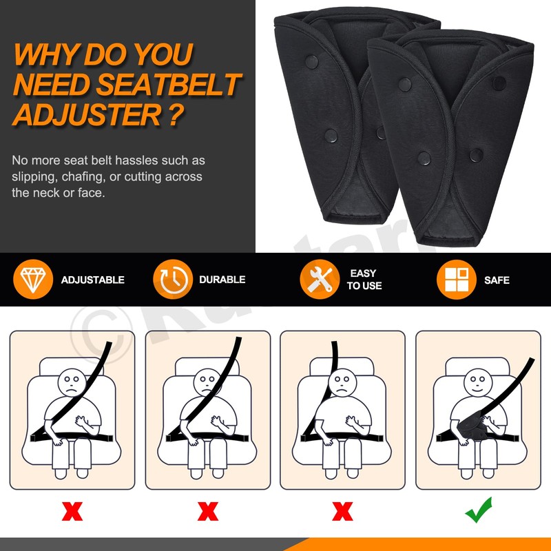 Rustark 2Pcs Black Seat Belt Adjuster for Kids and Adults