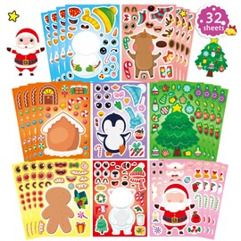 32 Sheets Christmas Stickers for Kids, Make Your Own Santa Claus Snowman Penguin Gingerbread Man Reindeer Face Christmas Character Stickers, Christmas Party Games Stickers Christmas Stocking Stuffer