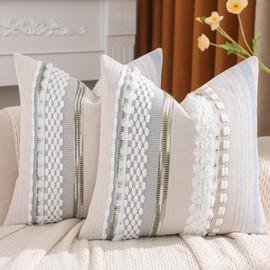 Tosleo Coastal Boho Throw Pillow Covers 18x18 Set of 2 White and Light Blue Stripe with Soft Plush Pillow Case Accent Chenille Pillowcases Farmhouse Cushion Case Bohemian Nuetral Textured Pillow Cover
