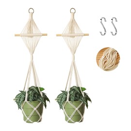 XINBOR 2Pcs Macrame Plant Hangers Indoor Macrame Hanging Planters Large for up to 10 inch Pot No Tassels Long Crochet Boho Plant Hanger Holder for Indoor Outdoor Plants with 2 Hooks (White)