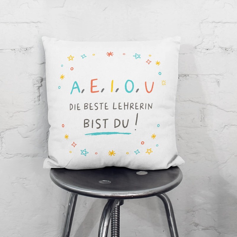 Mugffins AEIOU Cushion with Filling with Saying for Teacher in