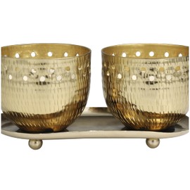 Deco 79 Metal Decorative Candle Jasmine Scented Cutout Spotted 7 oz 1 Wick Aromatherapy Candle with White Wax, Set of 2 Wax Aromatherapy Candle 8" W, 4" H, Gold