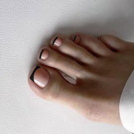 Black French Tip Press on Toenails Short Square Fake Toe Nails with Solid Color Design Acrylic Toe Nails Black Toenail Tips Glossy Glue on Toenails for Women and Girls Manicure Decorations 24 Pcs