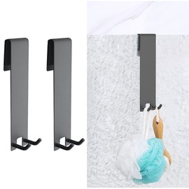Lxoraziy Pack of 2 Shower Hooks, Towel Hooks No Drilling with Sponge Pads, Stainless Steel Hooks for Glass Thicknesses of 6-12 mm, for Bathroom, Toilet, Kitchen, Office (Black)