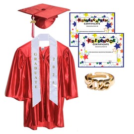 Happy Graduates 2025 Shiny Red Deluxe Child Graduation Set, Small, Kindergarten Graduation Cap And Gown Set, For Preschool Graduation, Includes Graduation Cap, Gown, Tassel, Sash, Ring, Diploma