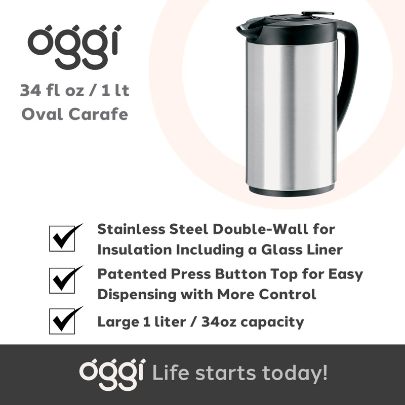 OGGI Oval Carafe Glass Liner - Stainless Steel Body, 1