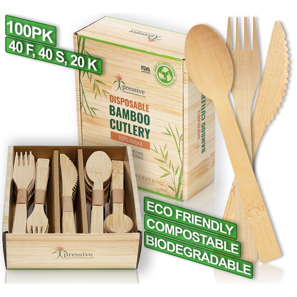 100% Bamboo Heavy Duty Disposable Cutlery [100PK:40 Fork 40 Spoon 20 Knife] Eco Friendly Natural Compostable Biodegradable Utensils | Premium Sustainable Organic alternate to Plastic & Wooden Flatware
