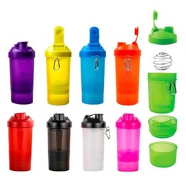 Cilindro shaker de plástico con compartimentos, resorte de acero. Ideal para gimnasio (Libre de BPA). Botella para Proteina Gym con mezclador, almacenamiento de giro. 450 ml (Verde)