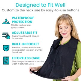 Vive Adult Bibs for Women, Men (3-pack) - Adjustable Bibs for Elderly Senior - Premium Waterproof Bib for Eating - Machine Washable, Clothing Protector With Cumb Catcher, Folding Pocket (Black)