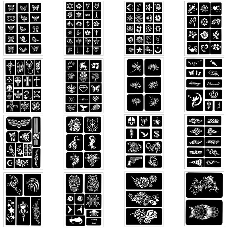 Qpout Tattoo Stencils for Children and Adults, 16 Sheets Henna