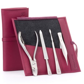 GERMANIKURE 4pc Pedicure Set in Magenta Leather Case - Made in Solingen Germany, FINOX Stainless Steel Tools – Professional Quality Compact Mens Grooming Kit