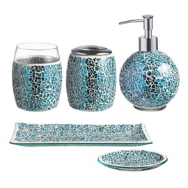 5-Piece Mosaic Glass Bathroom Accessory Set, Turquoise Blue Crackle Design, Soap Dispenser, Toothbrush Holder, Tumbler, Tray, Soap Dish