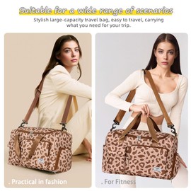 FIORETTO Womens Mens Sports Gym Bag Duffle Bag with Shoes Compartment, Weekend Travel Bag Overnight Bag for Women, Water Resistant Holdall Hospital Bag for Swimming Leopard Print