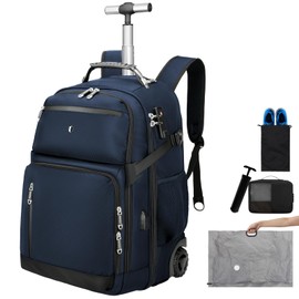 SWICKY RICOOI Backpack with wheels,rolling backpack with 2 Packing Cubes,compression bags for travel,Water-Resistant Carry-On Luggage,Business and Commuting (Blue)