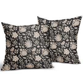 Black Floral Pillow Covers 18x18 Set of 2 Brown Cream Vintage Flower Block Print Pattern Decorative Throw Pillows Farmhouse Outdoor Rustic Square Cushion Cases Decor for Home Sofa Bed Couch