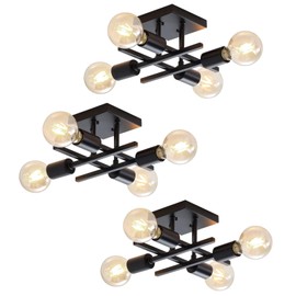 Eidonta Industrial 4-Light Semi Flush Mount Ceiling Light Fixture, 3 Pack Modern Black Chandelier Lighting, Farmhouse Sputnik Ceiling Lamp, E26 Base Pendant Lamps