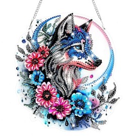Bowetile Wolf Diamond Art Hanging Kits for Adults Kids, 5D Special Shape Diamond Painting Flowers Pendant Kits, Gem Art Suncatchers Painting Window Ornament for Home Garden Wall Decor