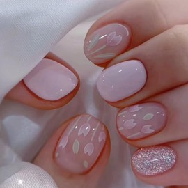 Ceboic 24Pcs French Tip False Nails, 12 Sizes Short Oval Purple Tulips Stick on Nails, Artificial Reusable Press on Nails, Acrylic Fake Nails with Glue Stickers Women Girls Nail Art Accessories