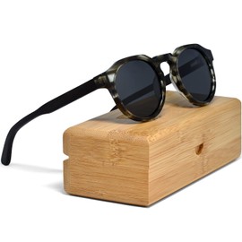 GOWOOD Panto Round Women and Mens Sunglasses Polarized Black Lenses with Ebony Wood Temples