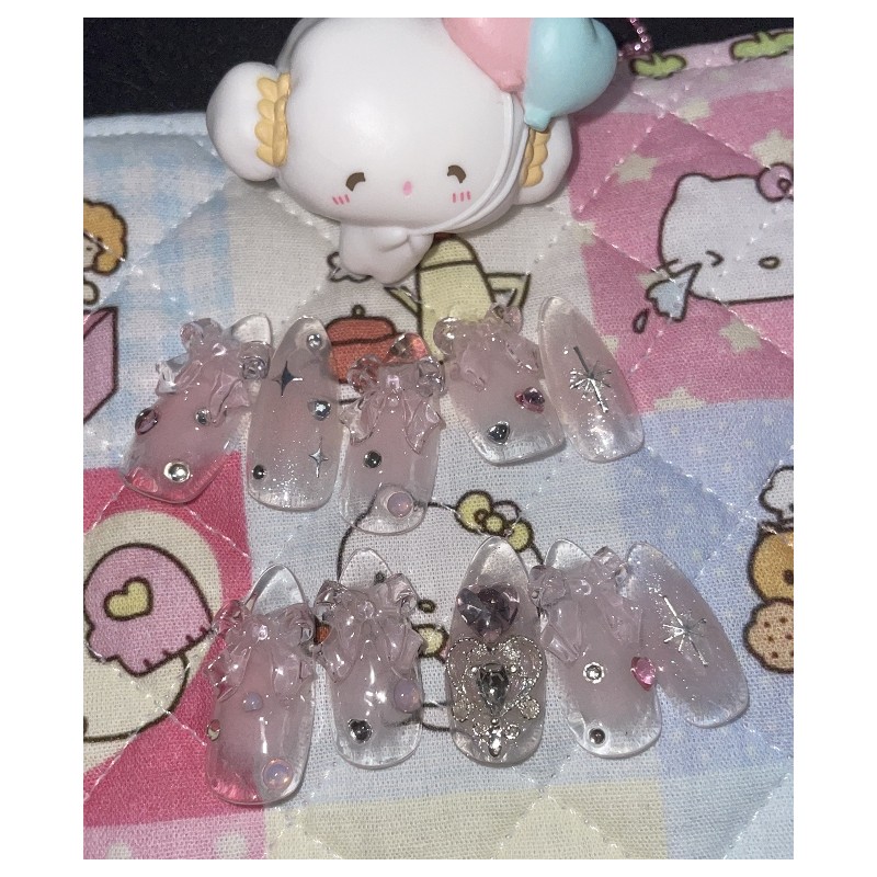 Transparent parts cheek ribbon handmade nail tips - Ballerina /