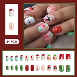 24PCS Christmas Press on Nails,Cute Short Square Xmas False Nails,Funny Fake Nails with Santa Claus Design, Unique Festival French Manicure for Women or Girls