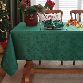 Honellaty Christmas Rectangular Tablecloth, Spillproof Wrinkle Resistant Jacquard Table Cloth with Christmas Mistletoe Patterns for Dining Room & Holiday Decoration (Green,60" x 120" (10-12 Seats))