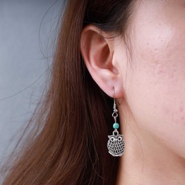 YienDoo Boho Turquoise Beads Owl Drop Dangle Earrings Silver Owl Bird Dangle Earrings Vintage Ethnic Turquoise Stone Hook Earrings Statement Tiny Bead Link Owl Earrings Jewelry for Women