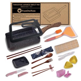 YumOmNom Tamagoyaki Pan with Lid, Japanese Cookware, Egg Pan, Rectangle Frying Pan, Kitchen Accessories, Square Pan, Omelette Maker Nonstick (With Glass Lid)