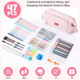 Eersida 47 Pcs Aesthetic School Supplies with Cute Pen Case, Mechanical Pencils 0.5mm, 0.7mm, 0.9mm & 2.0mm with Leads and Eraser Refills, Wood Pencils #2, for Writing, Drawing & Drafting (Pink)