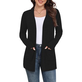 Yincro Womens Lightweight Cardigan Long Sleeve 0pen Front Casual Sweater Cardigans with Pockets (Black, XL)