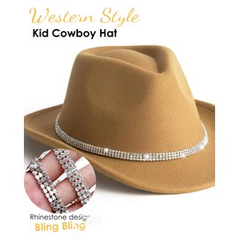 Gossifan Western Hats Boys Girls Cowboy Felt Hat Sparkly Rhinestone Cowgirl Hat-Diamond Camel
