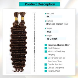 Human Braiding Hair for Boho Braids 110g 18 Inch Color #4 Deep Wave Bulk Human Hair for Braiding Knotless 12A Wet and Wavy Bohemian 2 Bundles/Pack Curly Braids Brown