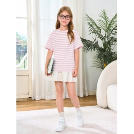 Haloumoning Girls Striped Short Sleeve T Shirts Kids Summer Oversized Tops Casual Crewneck Tees 5-14 Years Pink
