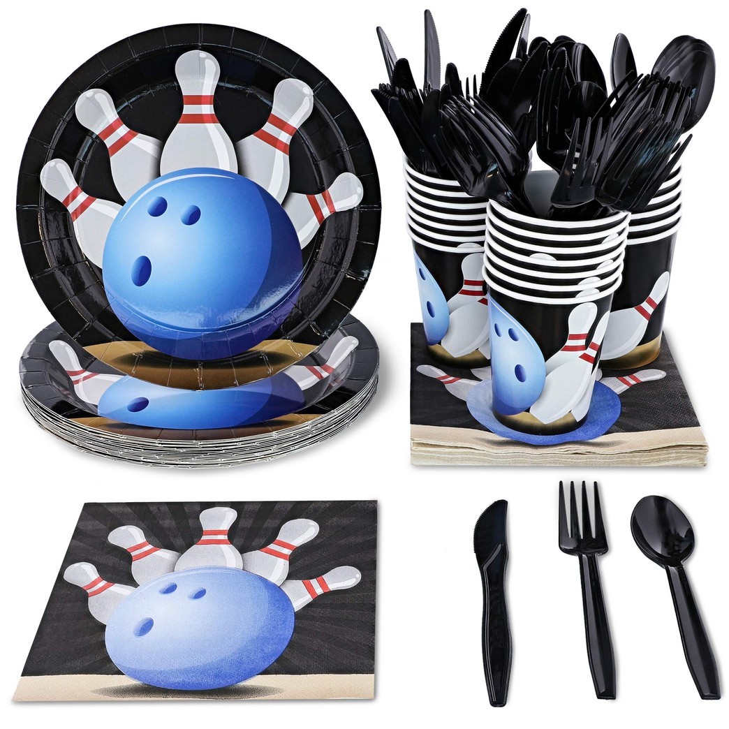 Bowling Birthday Party Supplies, Paper Plates, Napkins, Cups and Plastic Cutlery (Serves 24, 144 Pieces)