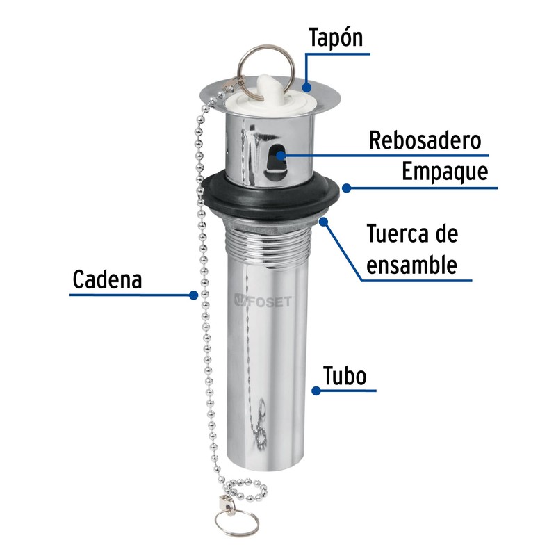 Foset CE-204, Contra p/lavabo c/rebosadero, tapón y cadena, cromo, 1-1/4"