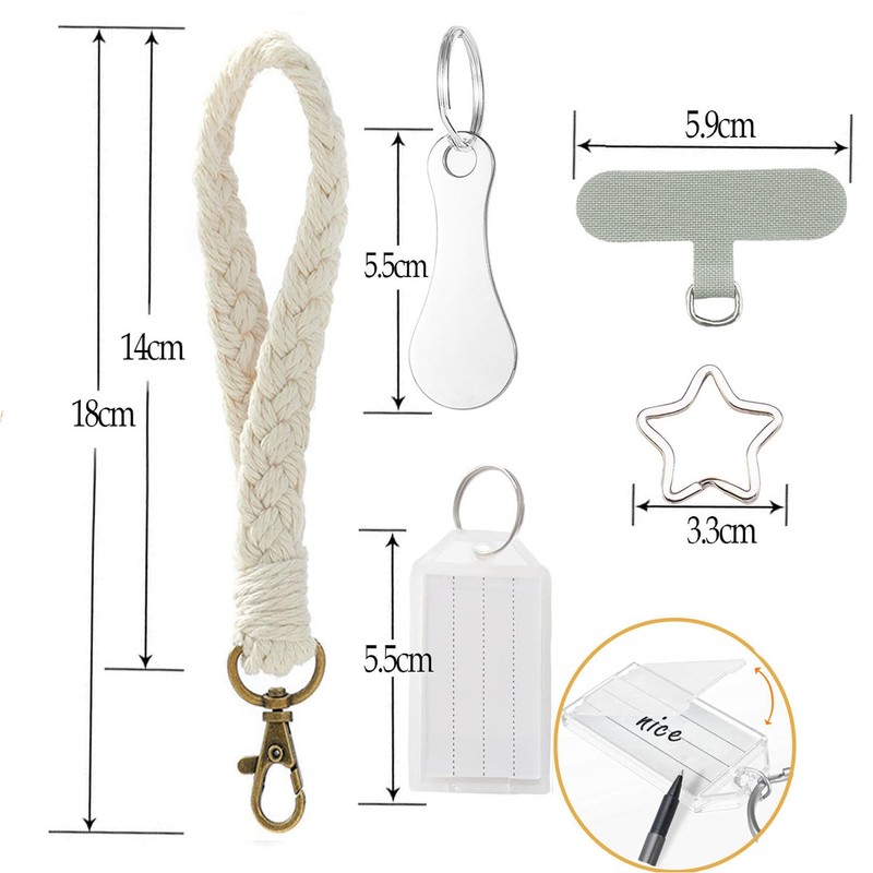 Artisoul Key Chain Short Bracelet Braided Keyring Macrame Lanyard, beige,