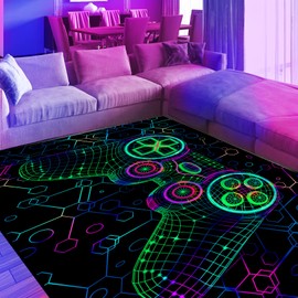 EISKBC Neon Gaming Area Rug, 3D Blacklight Game Controller Carpet, Non-Slip UV Reactive Fluorescent Floor Mat, Glow in The Dark Large Play Mat for Kids Game Room Playroom, 47x70inch