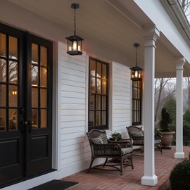 LALUZ Black Outdoor Pendant Lights for Porch, Modern Farmhouse Outdoor Pendant Light Fixture with Clear Glass, Square Exterior Hanging Lantern Light Fixtures