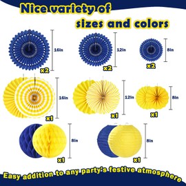 16Pcs Navy Blue and Yellow Party Decorations Hanging Honeycomb Paper Fans Paper Lanterns for Graduation Birthday Wedding Dinner Party Baby Shower Decor (Assorted Sizes)