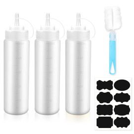Squeeze Bottle, Pack of 3 Squeeze Bottles with Caps, 16 oz No Leak Condiment Bottles, Plastic Squeeze Bottle with Cleaning Brush and Stickers for Ketchup Grill Sauces Syrup Dressings