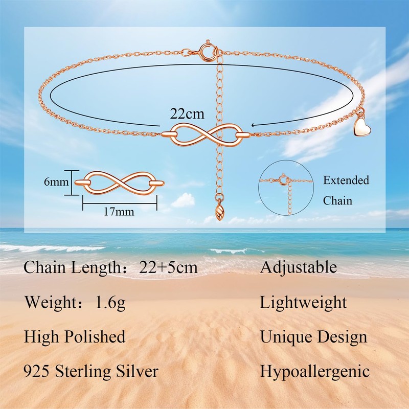 Bewenda Anklet for Women, 925 Sterling Silver Anklet with Infinity