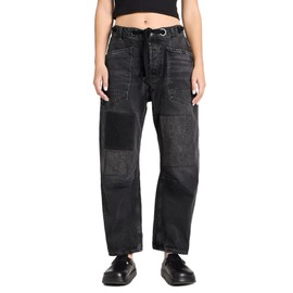 Kedera Womens Baggy Barrel Horseshoe Jeans Drawstring Boyfriend Wide Leg Denim Pants with Pockets Black