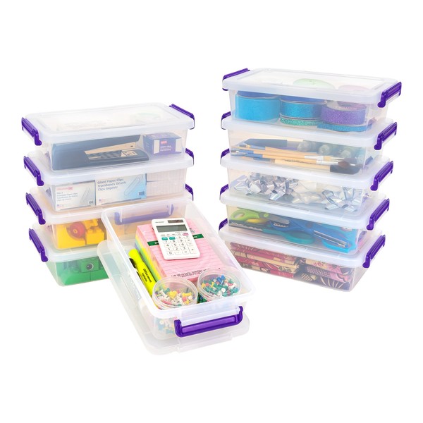IRIS USA 10Pack 2.7Qt. Stackable Storage Bin with Secure Buckle-up Lid, Clear/Violet