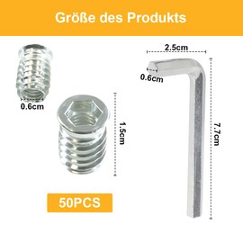 Pack of 50 Screw-in Nuts M6 x 15 mm with Allen Key, Threaded Insert Wood, M6 Screw-In Sleeves Threaded Inserts, Screw-In Sleeve, M6 Allen Nuts Made of Galvanised Steel for Wooden Furniture