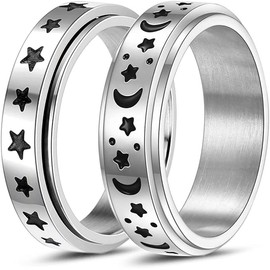 Spinner Rings for Women Mens, Stainless Steel Bands Rings for Anxiety,Stress Relief Rings,Silent Stress Reducer Rings Star Moon Ring (Silver, 8)