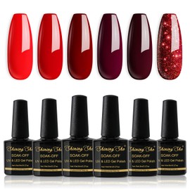 Shining She Semi-Permanent Nail Polish, 6 Colors Ruby Red Deep Glitter, UV Soak-Off for Beginners Nail Art DIY, 8ml