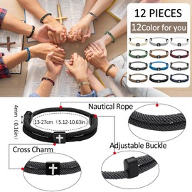 Landical 12 Pcs Braided Cross Bracelet for Men Women Christian Adjustable Rope Jesus Bracelets with Metal Knot Christian Baptism Gifts (Novelty Color)