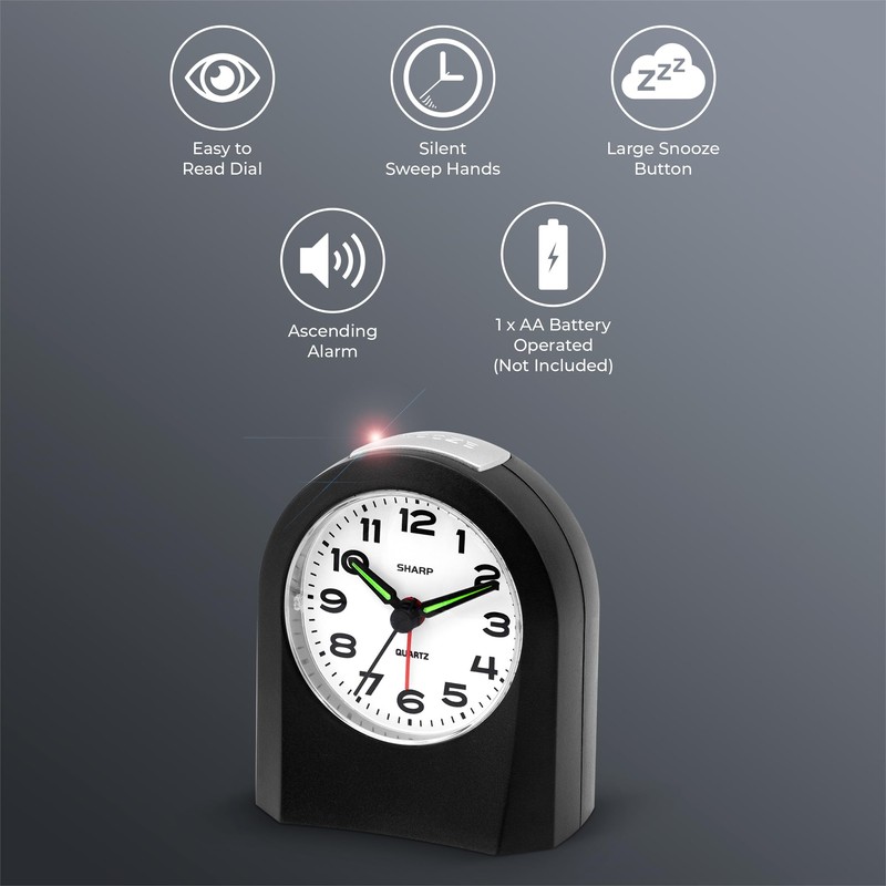 Sharp Small Battery Operated Analog Alarm Clock Silent No Ticking,