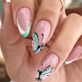 Press on Nails for Women Medium Almond Fake Nails Press on False Nails with Butterfly Design Nails 24 Pcs (Pink-06, M-6)